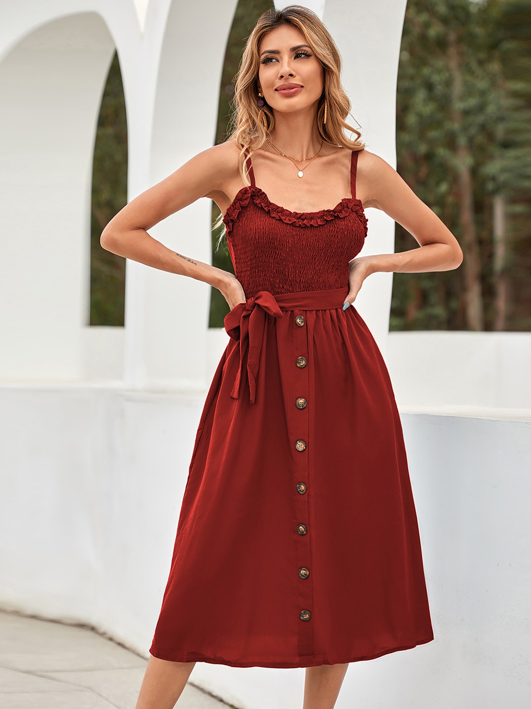 

URBANIC Women Rust Red Solid Smocked Fit & Flare Midi Dress with Belt