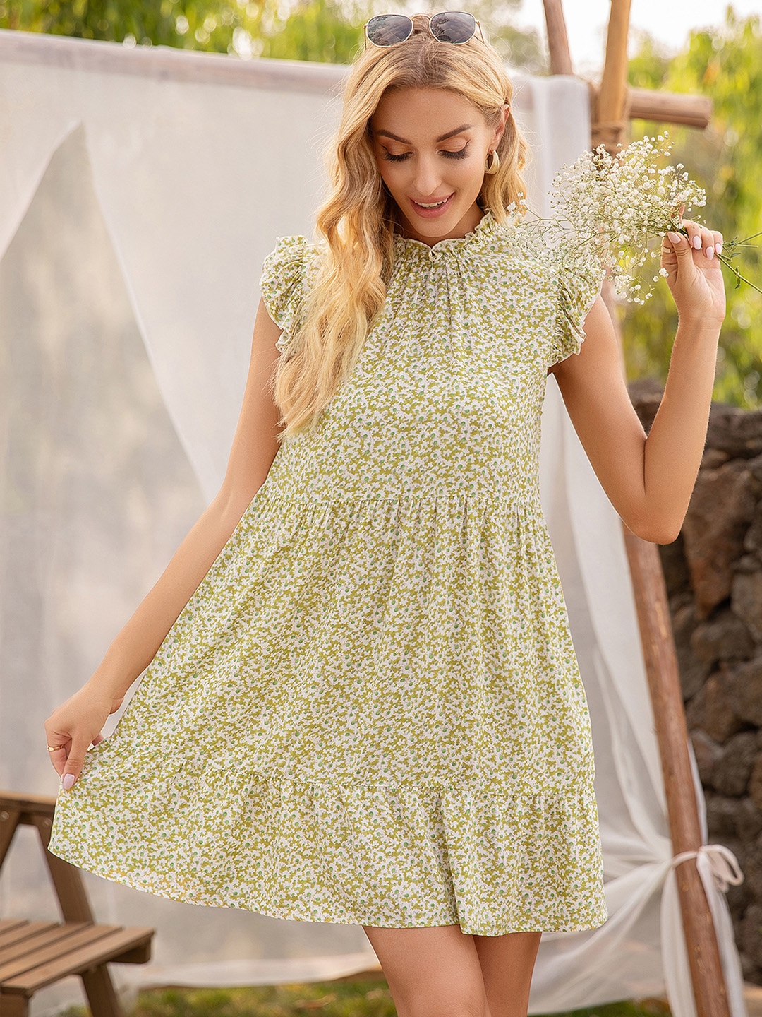 

URBANIC Green & White Ditsy Floral Ruffle Mini A-Line Dress