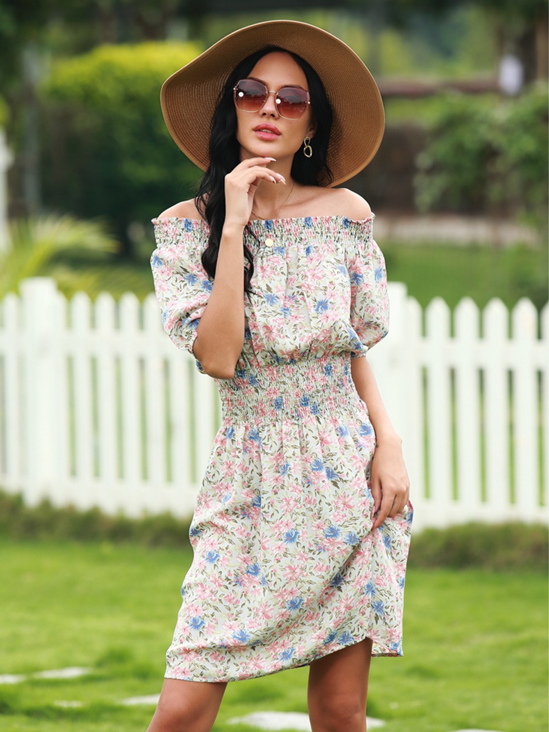 

URBANIC Off White & Pink Floral Off-Shoulder A-Line Dress
