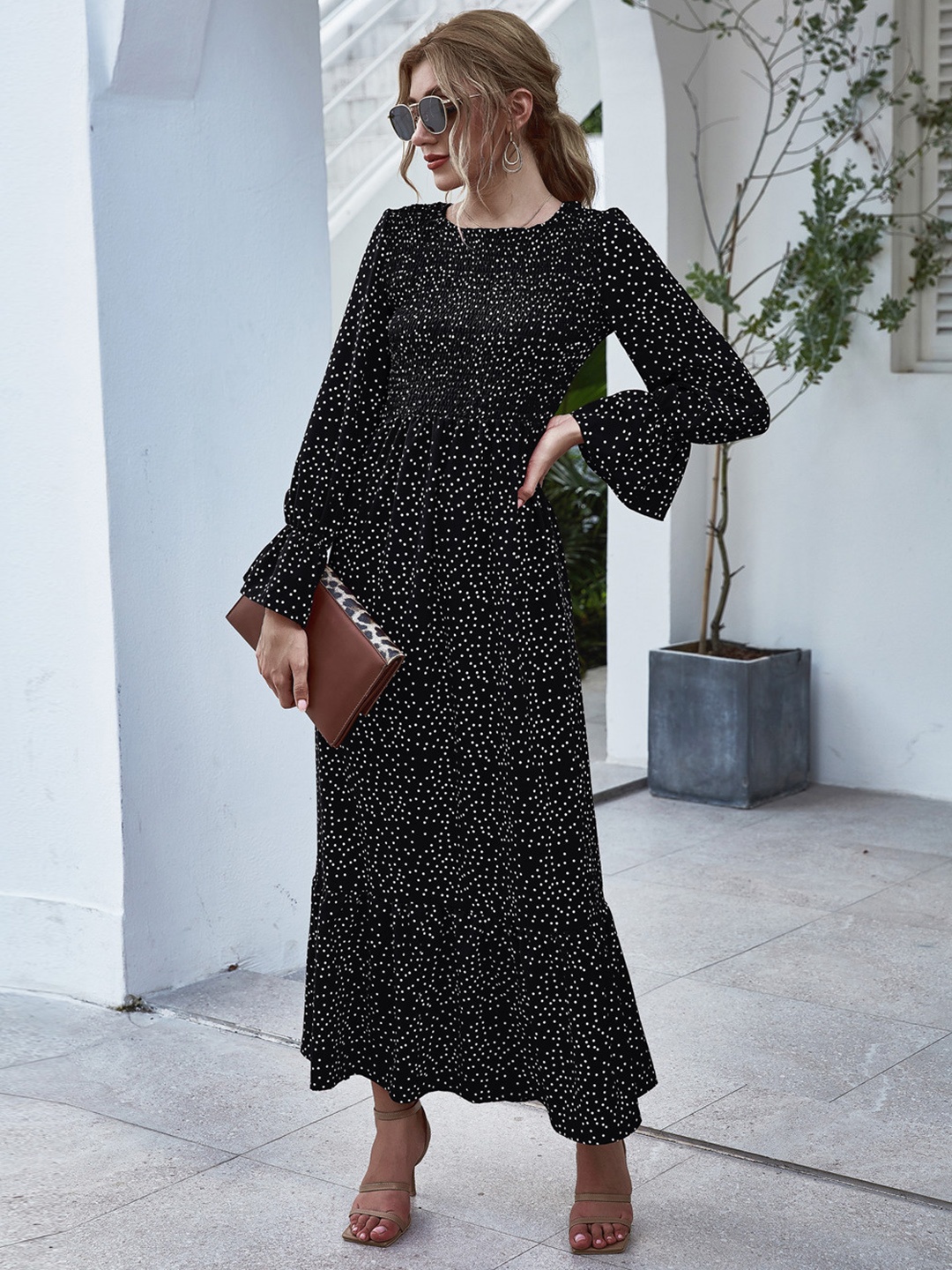 

URBANIC Black & White Ditsy Polka Dot Print Maxi Dress