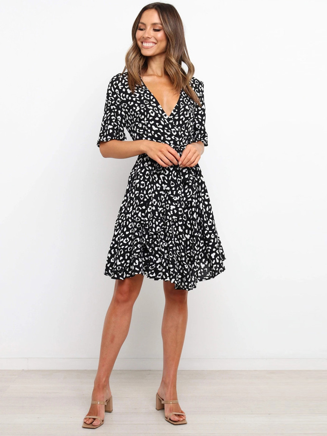

URBANIC Women Black & White Leopard Print Wrap Dress