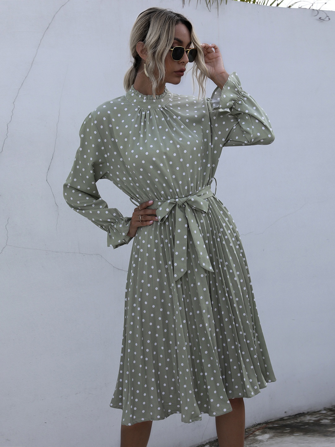 

URBANIC Women Green & White Polka Dot Print Accordion Pleated Fit & Flare Dress