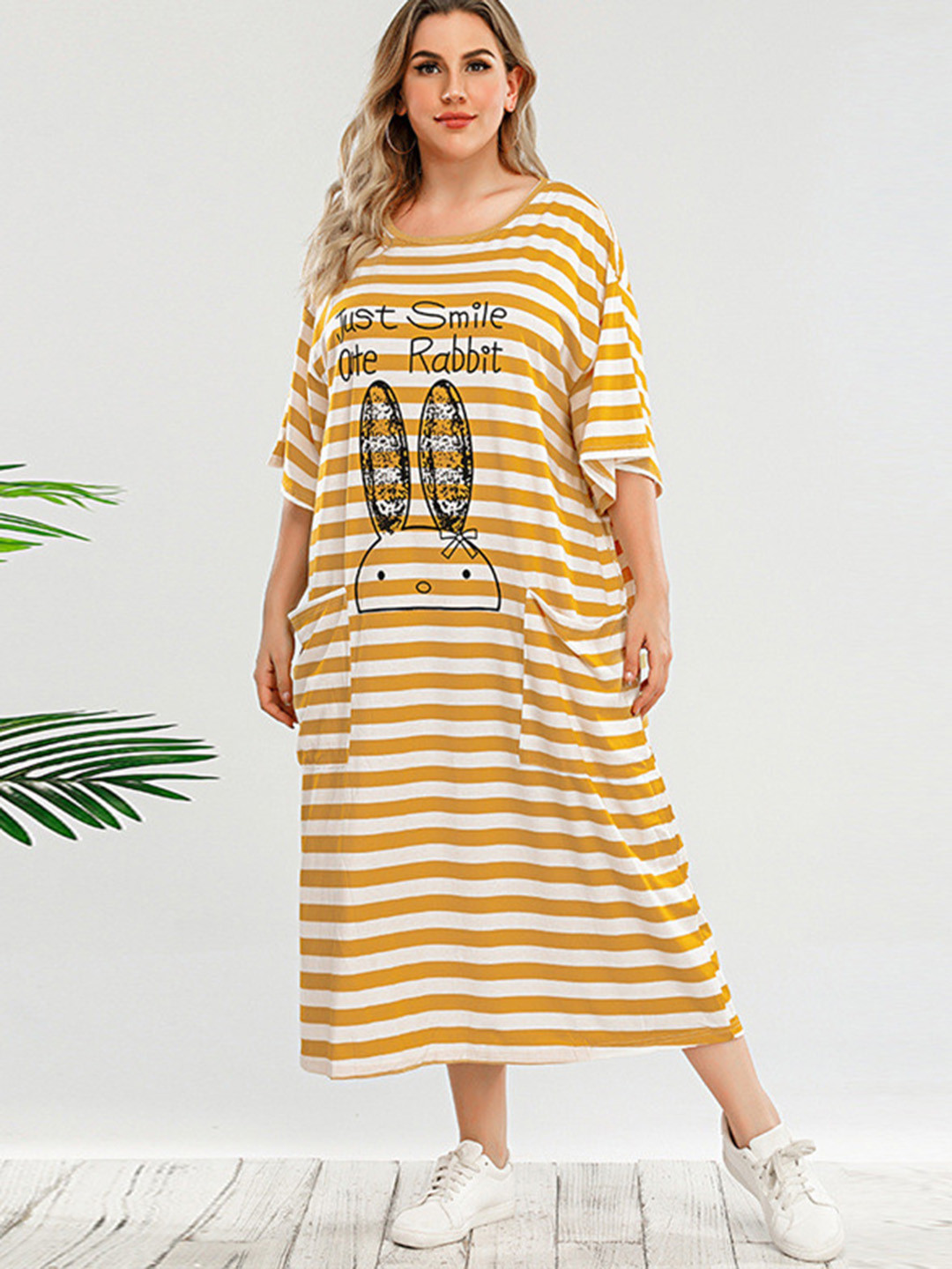 

URBANIC Plus Size Mustard Yellow & White Striped Midi T-shirt Dress