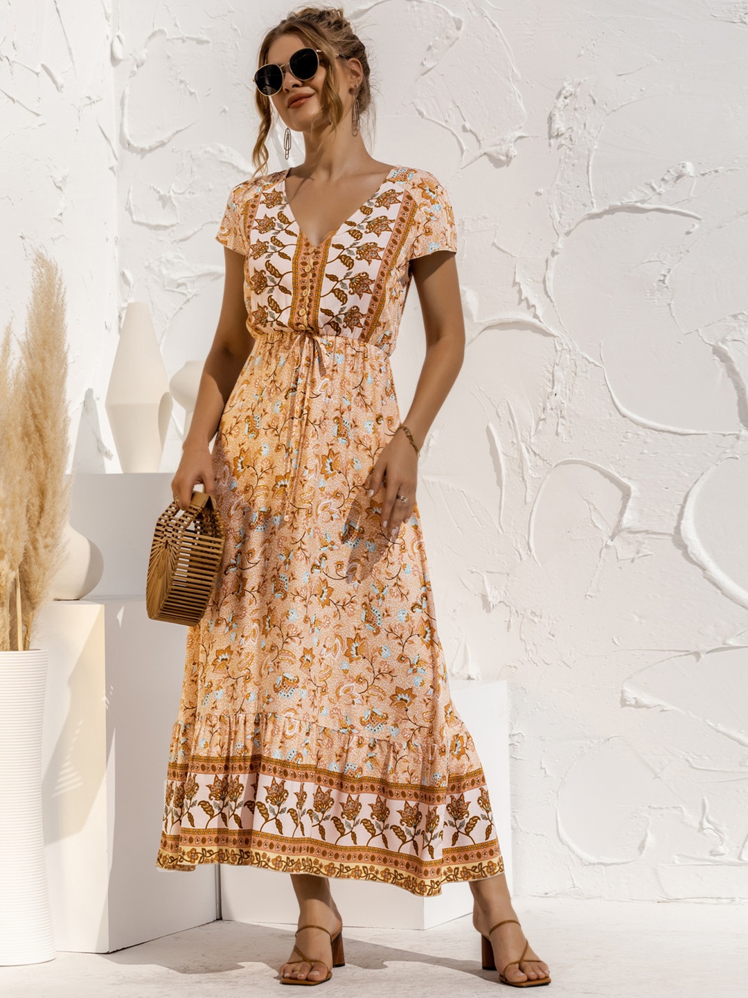 

URBANIC Yellow & Blue Ethnic Motifs Print Fit & Flare Midi Dress