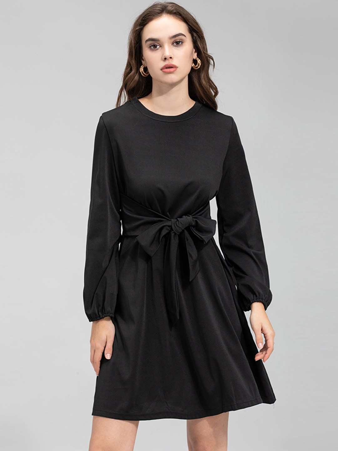

URBANIC Black A-Line Dress with Tie-Up Detail