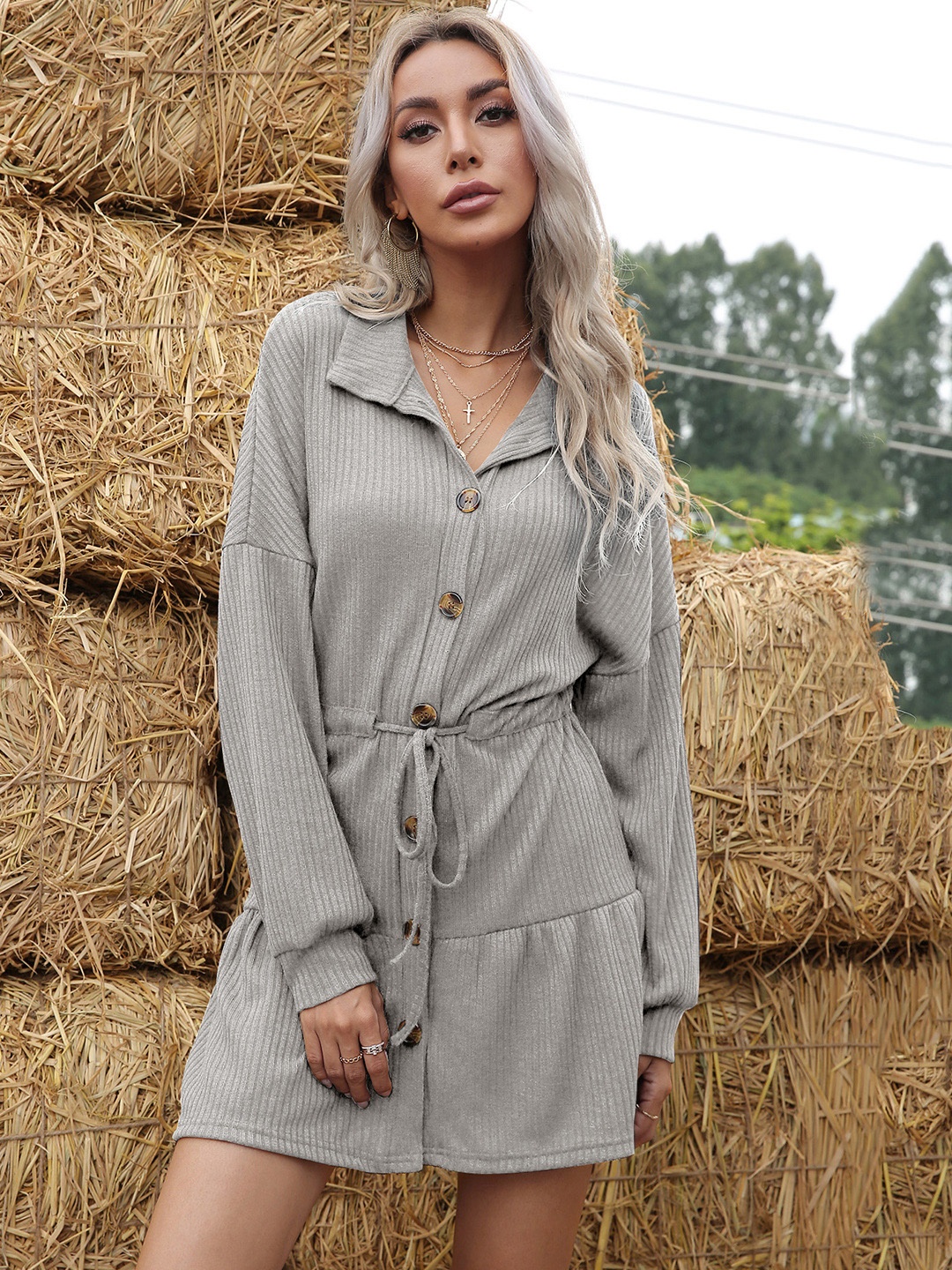 

URBANIC Women Grey Self-Striped Shirt Mini Dress
