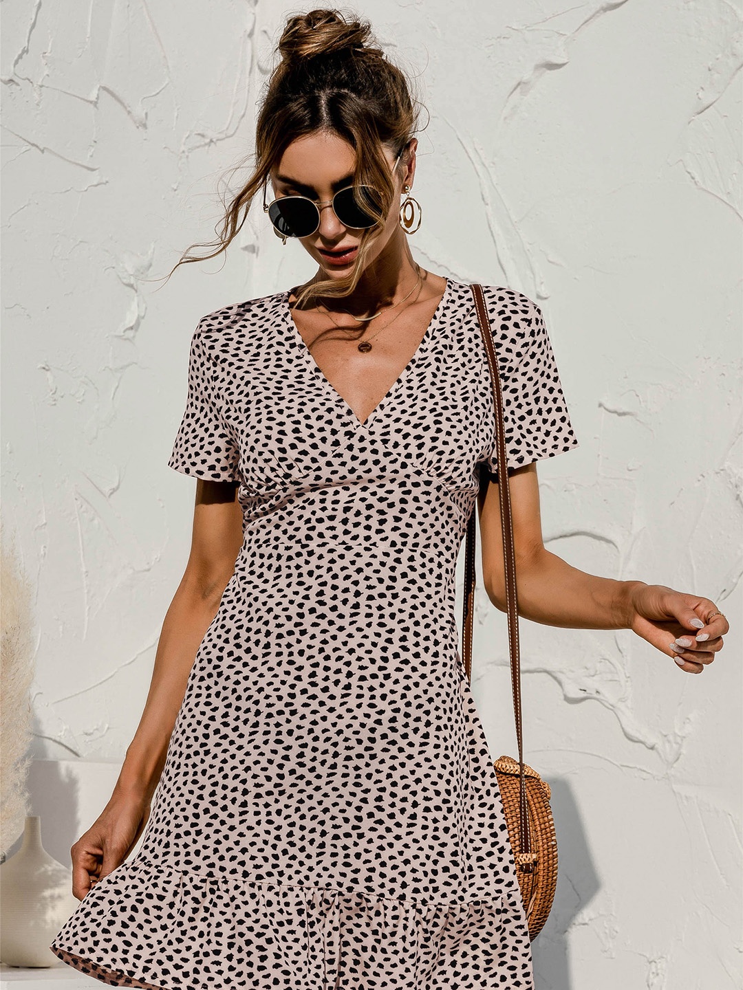 

URBANIC Light Beige & Black Leopard Print A-Line Dress