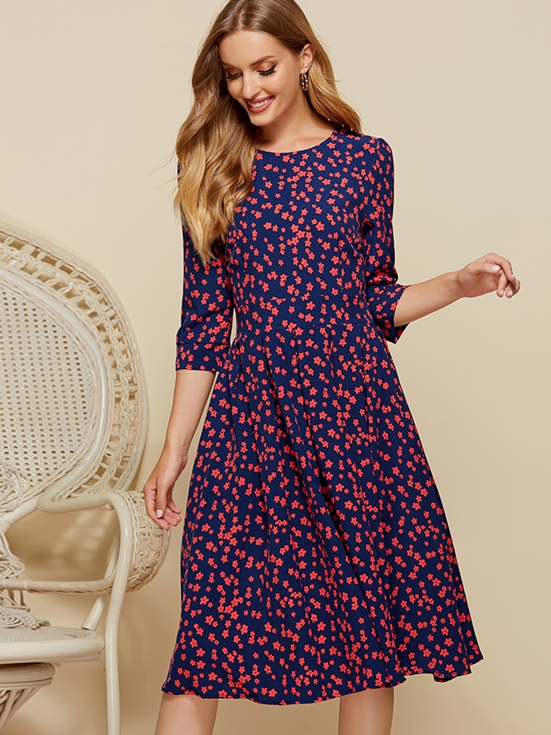 

URBANIC Blue & Pink Floral Print Pleated A-Line Midi Dress