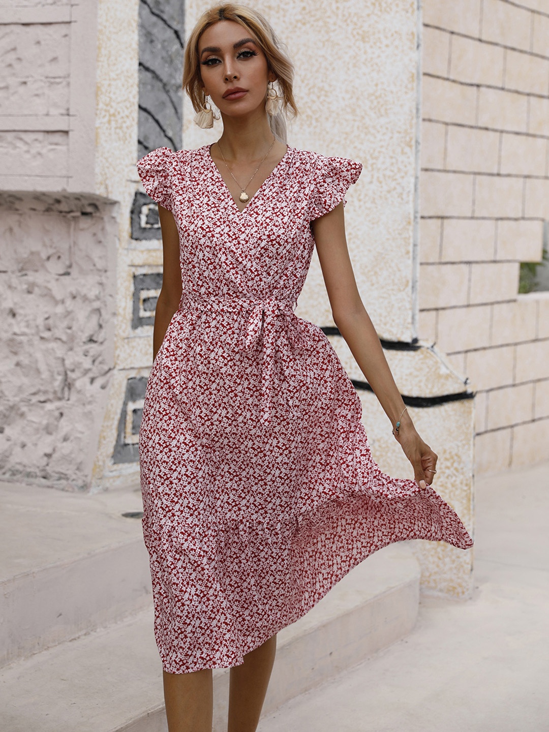 

URBANIC Red & White Ditsy Floral Print Midi Wrap Dress with Belt