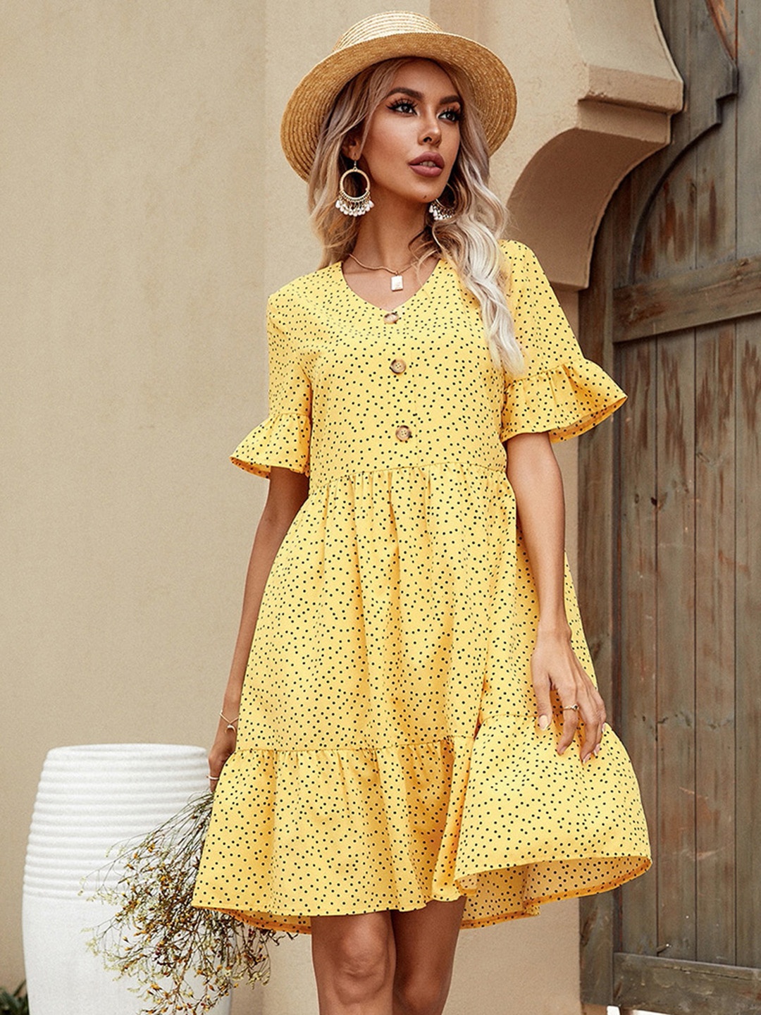 

URBANIC Yellow Polka Dot Print Ruffle Hem A-Line Dress