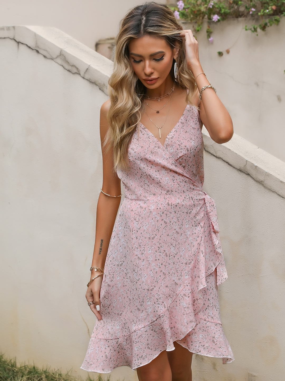 

URBANIC Pink & White Ditsy Floral Wrap Dress