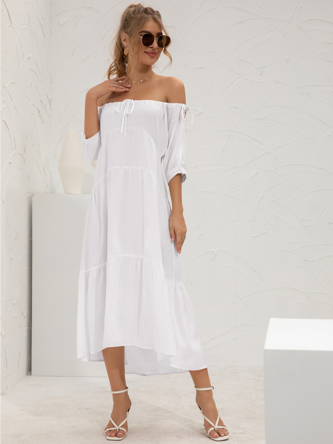 

URBANIC White Off-Shoulder Tiered A-Line Midi Dress