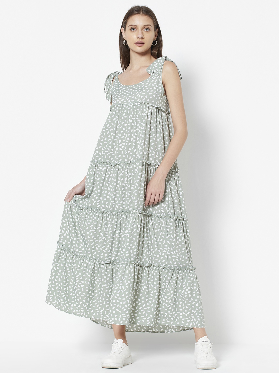 

URBANIC Sage Green & White Tie-Up Neck Tiered Maxi Dress