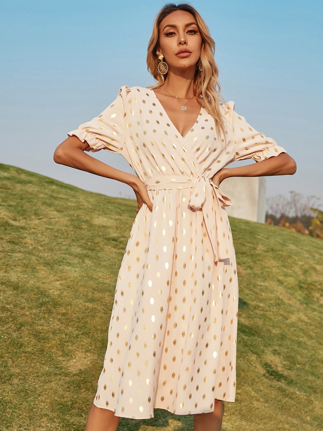 

URBANIC Women Off-White & Golden Polka Dot Print Wrap Dress