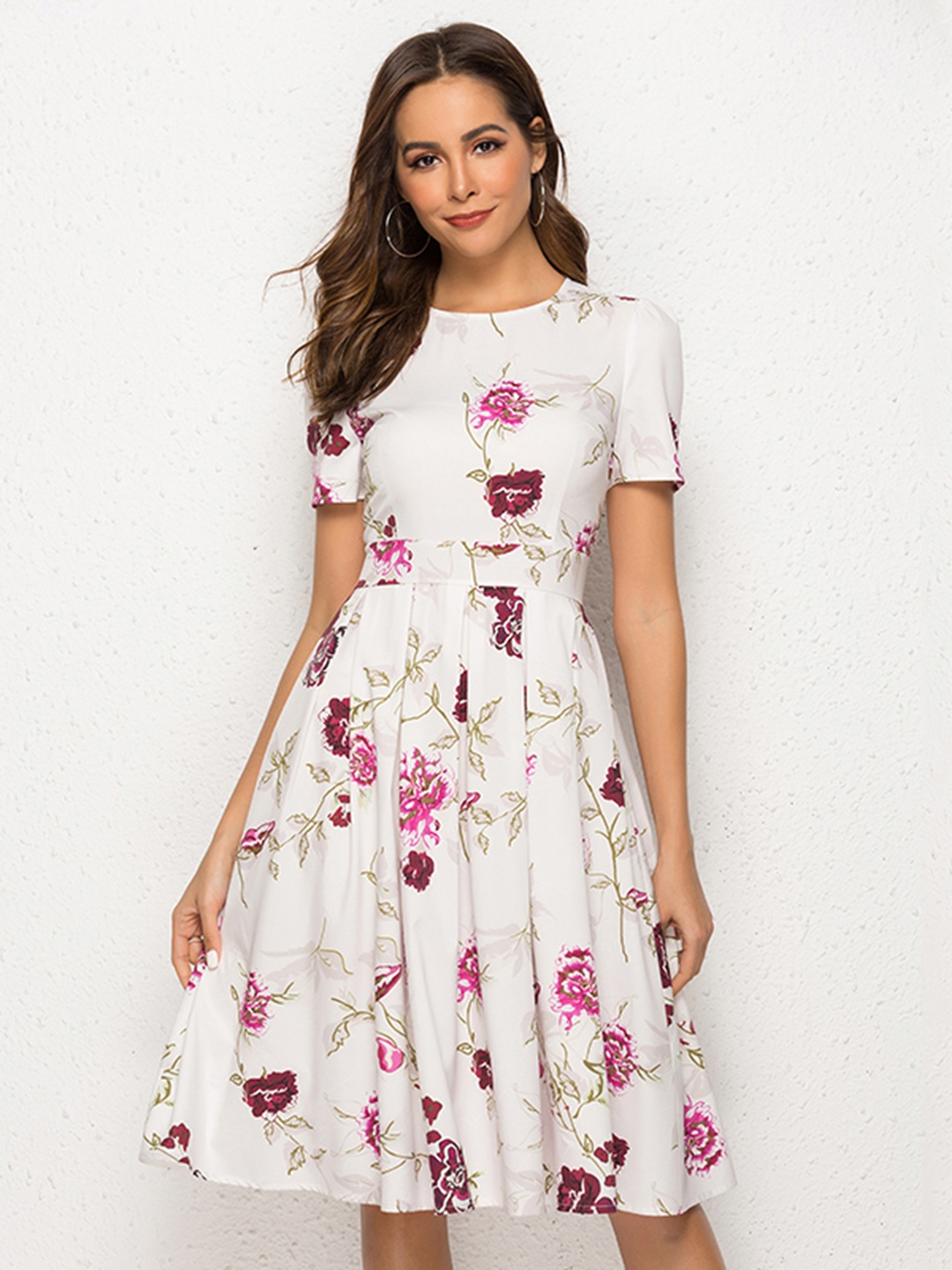 

URBANIC Women White & Pink Floral Print Panelled Fit & Flare Dress