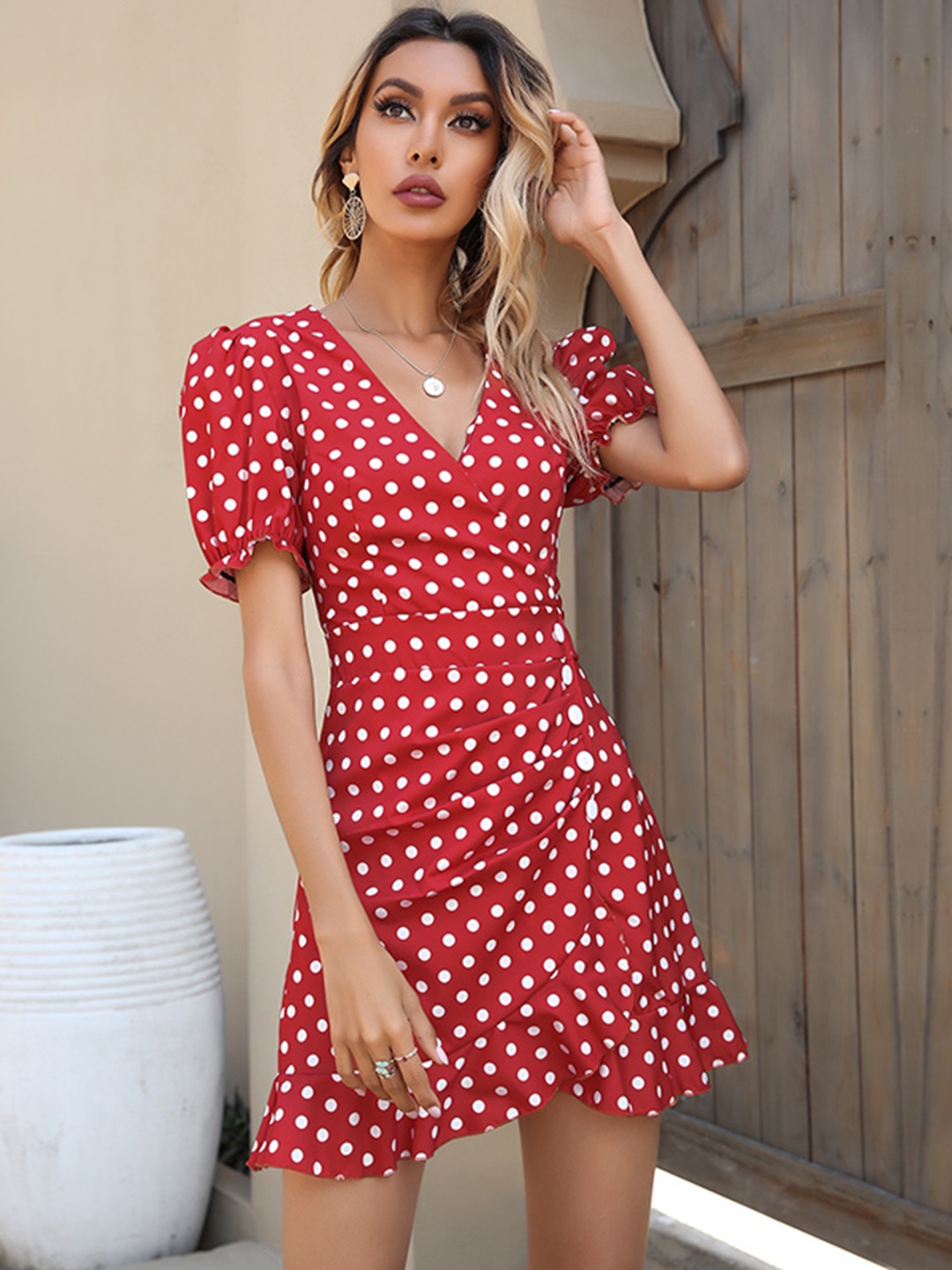 

URBANIC Red & White Polka Dot Print Mini Wrap Dress