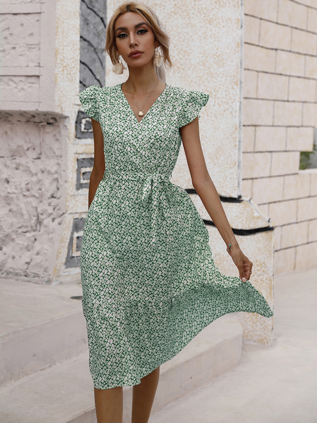 

URBANIC Women Green & White Floral Printed Midi Wrap Dress with Belt