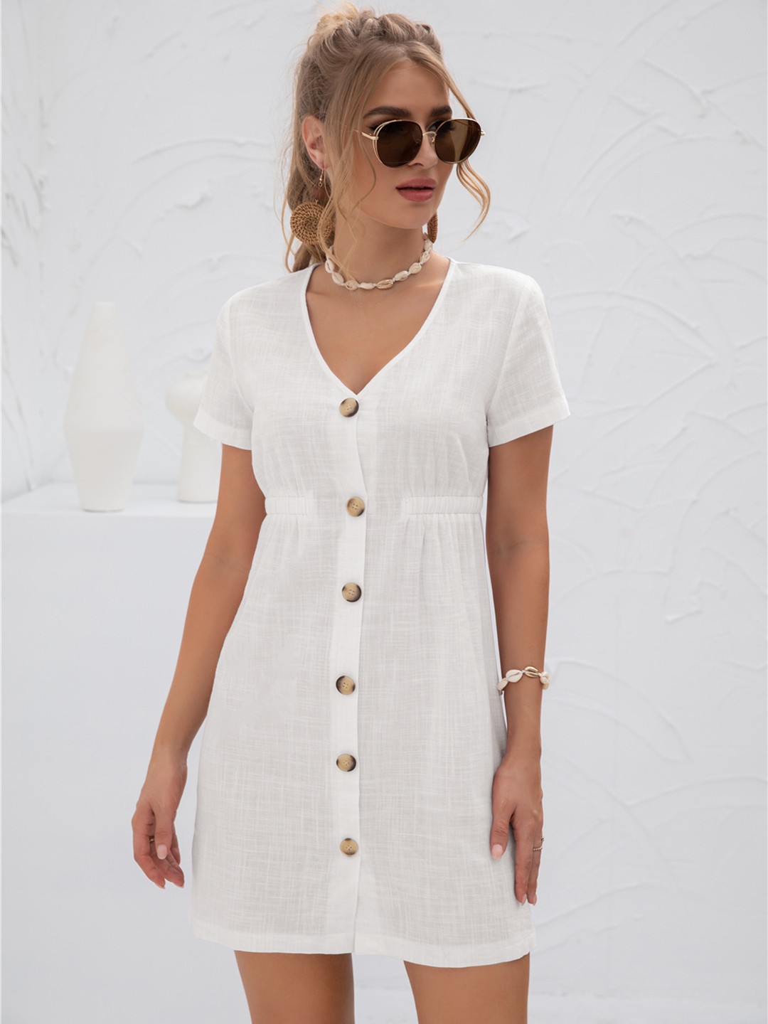 

URBANIC White Solid Pure Cotton A-Line Dress