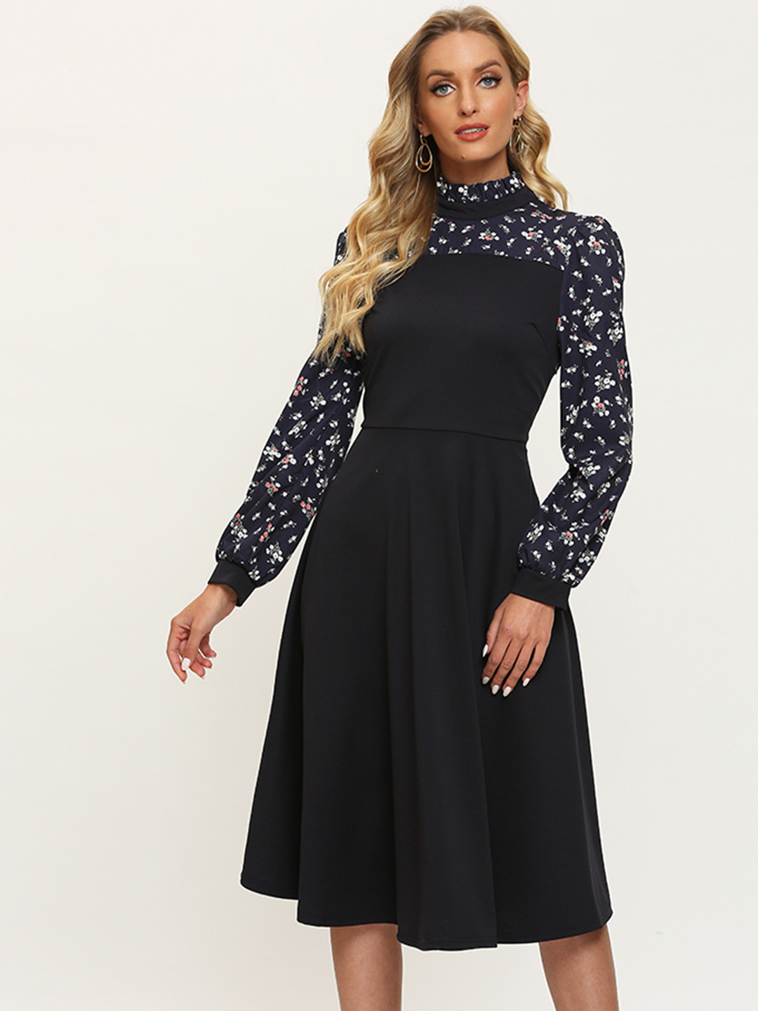 

URBANIC Navy Blue & White Solid A-Line Dress