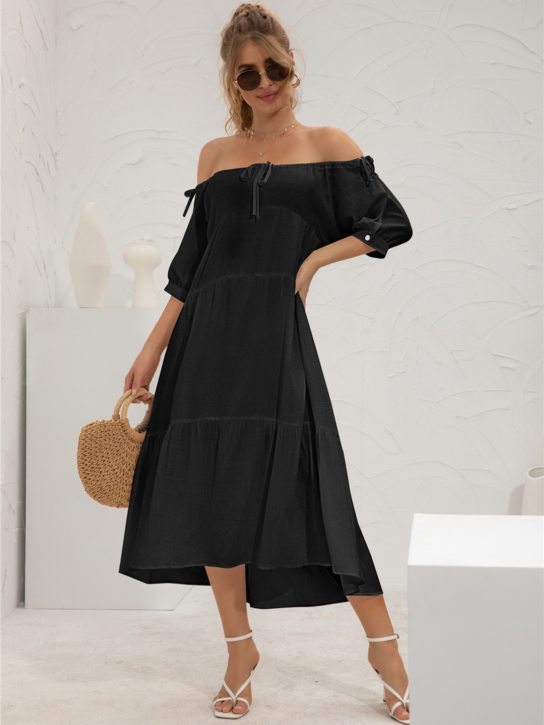 

URBANIC Black Off-Shoulder Tiered A-Line Midi Dress