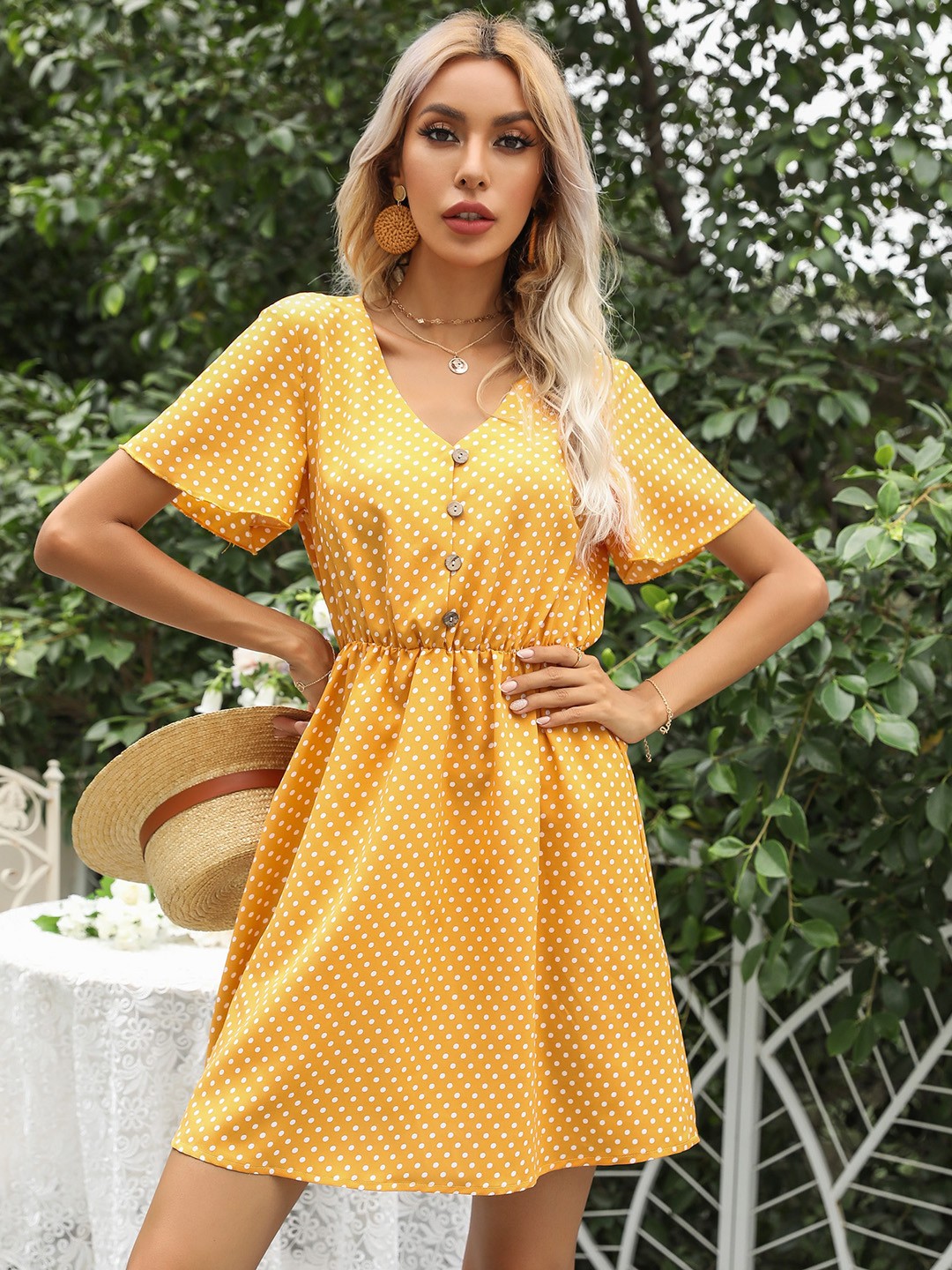 

URBANIC Yellow & White Polka Dot Print A-Line Mini Dress