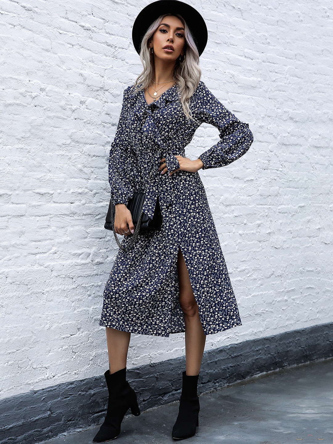 

URBANIC Navy Blue & White Ditsy Floral Midi Wrap Dress with Front Slit & Belt