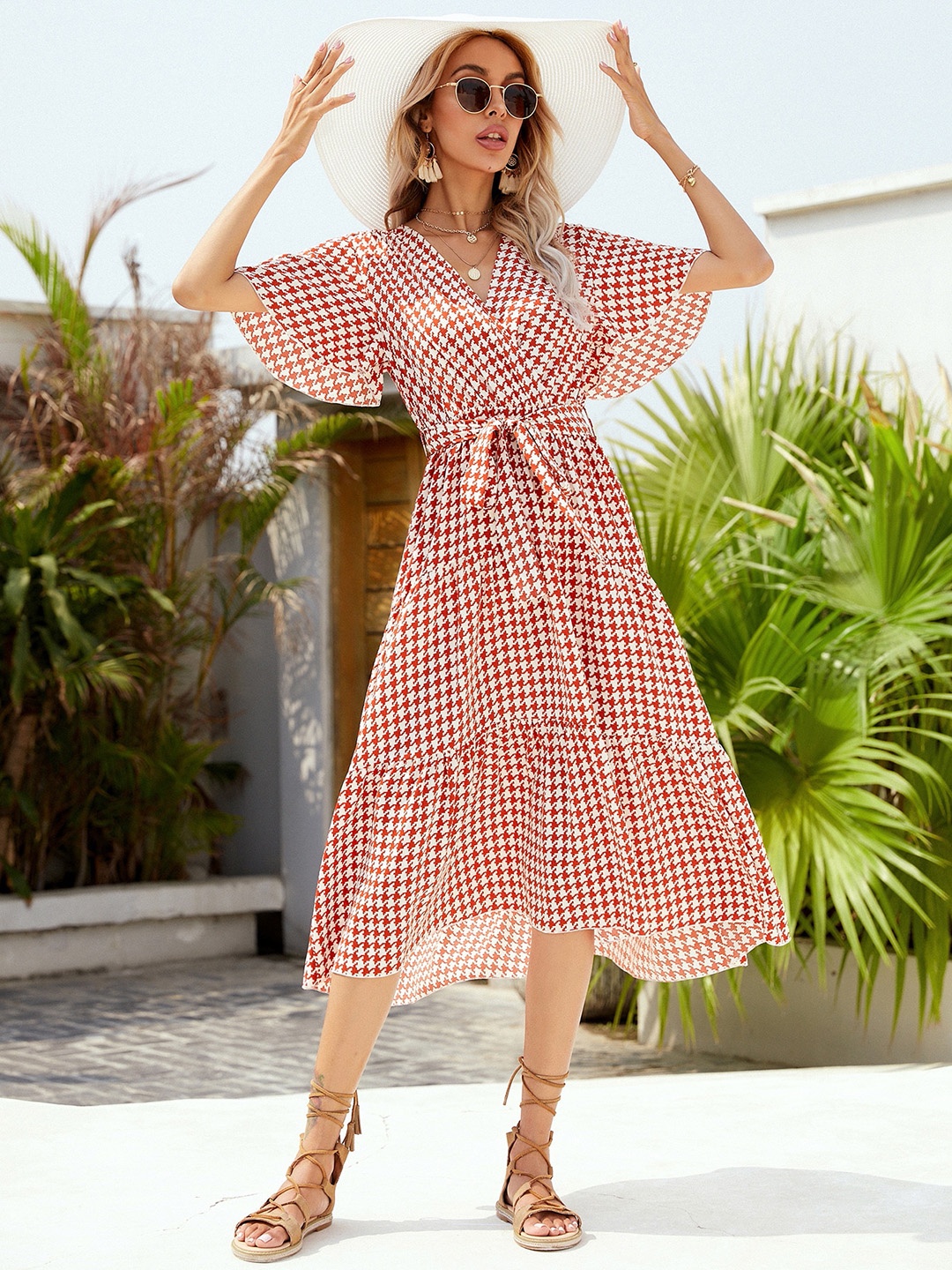 

URBANIC Red & White Houndstooth Checked Midi Wrap Tiered Dress with Belt