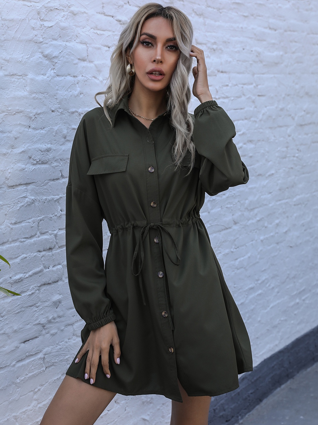 

URBANIC Olive Green Solid A-Line Dress