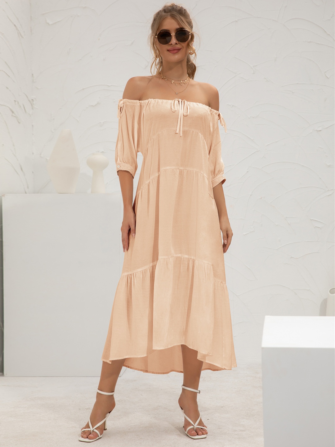 

URBANIC Peach-Coloured Solid Off-Shoulder A-Line High-Low Midi Tiered Dress