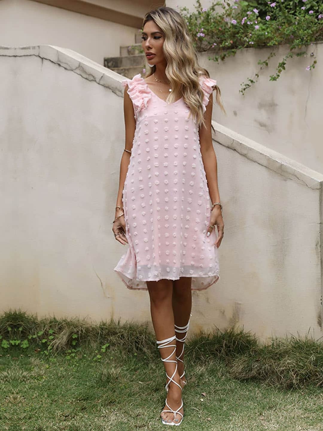 

URBANIC Women Pink Self-Design A-Line Dress with Ruffles