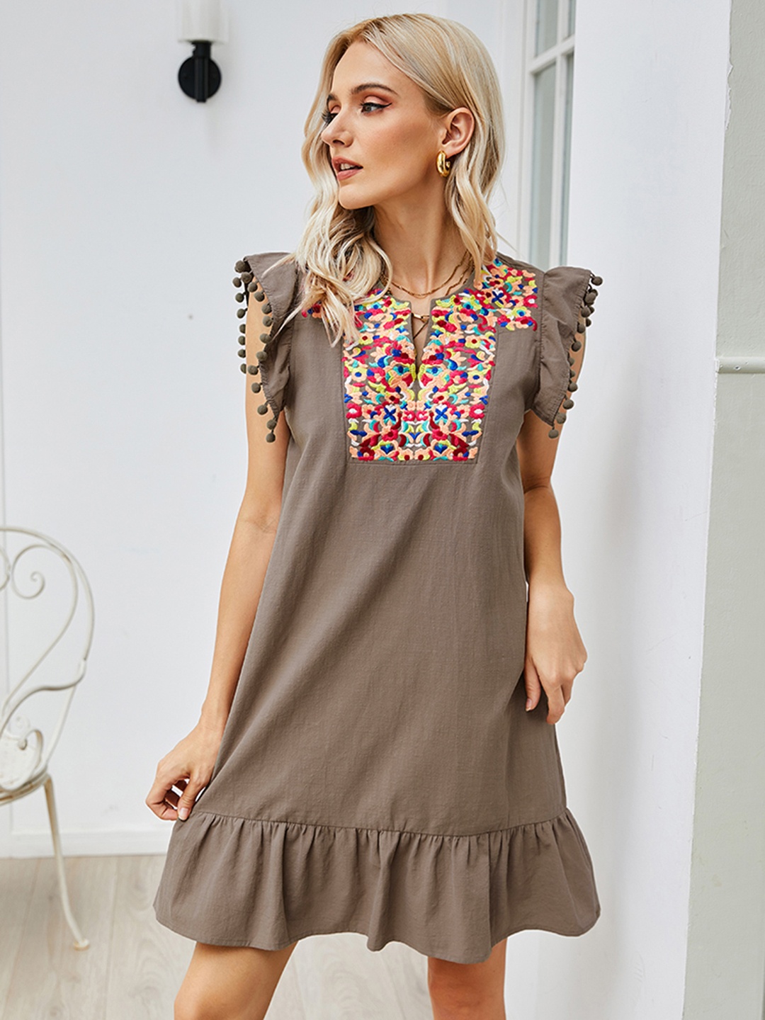 

URBANIC Charcoal Grey Ethnic Motifs Embroidered A-Line Dress
