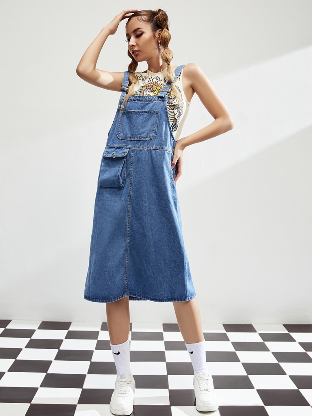 

URBANIC Blue Solid Pocket Pinafore Midi Dress