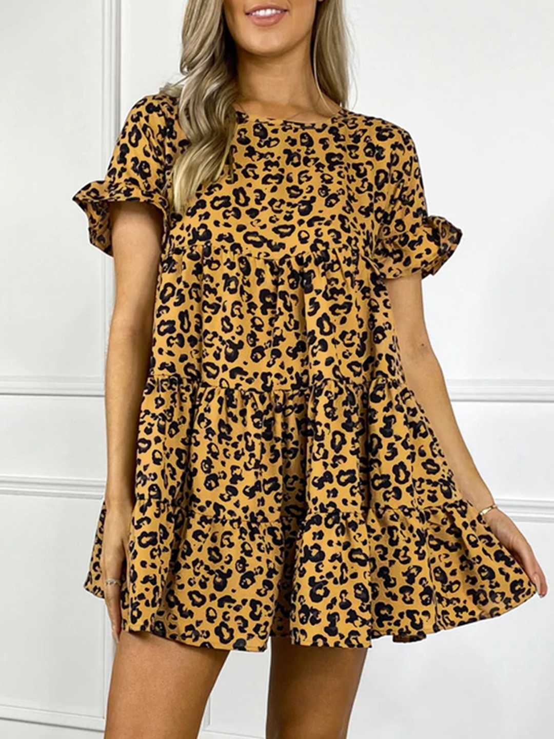 

URBANIC Mustard Yellow & Black Animal Print Relaxed Fit Tiered Mini Fit & Flare Dress