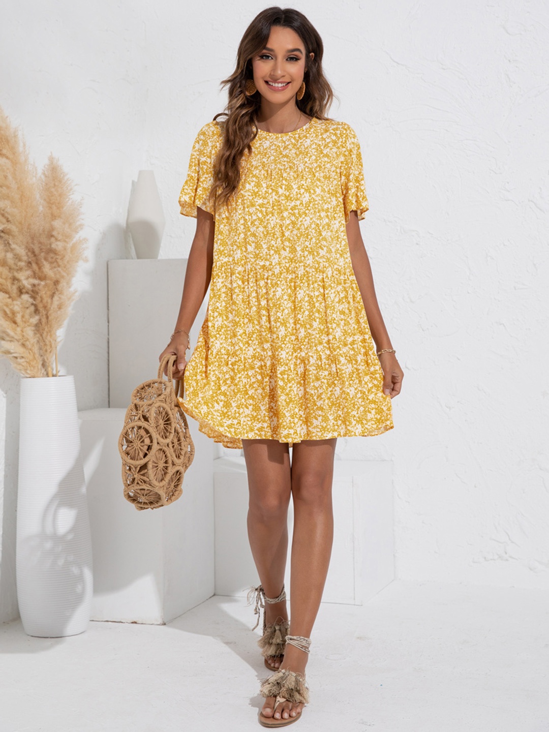 

URBANIC Yellow & White Abstract Printed Tiered Trapeze Dress