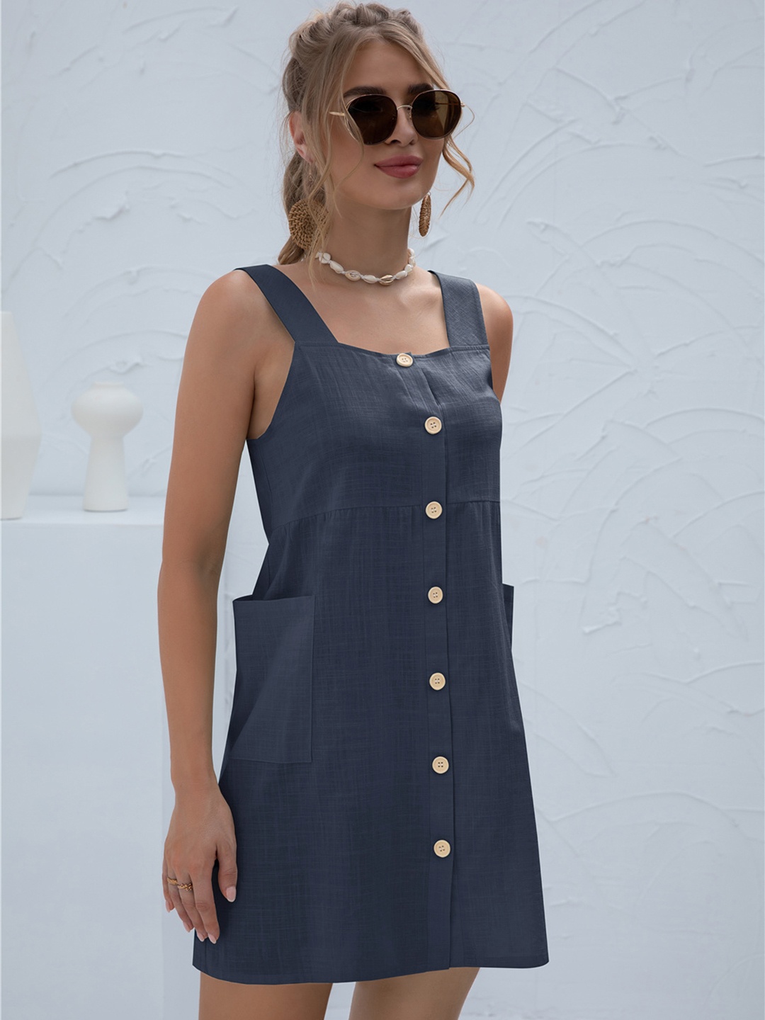

URBANIC Navy Blue Solid Pinafore Dress