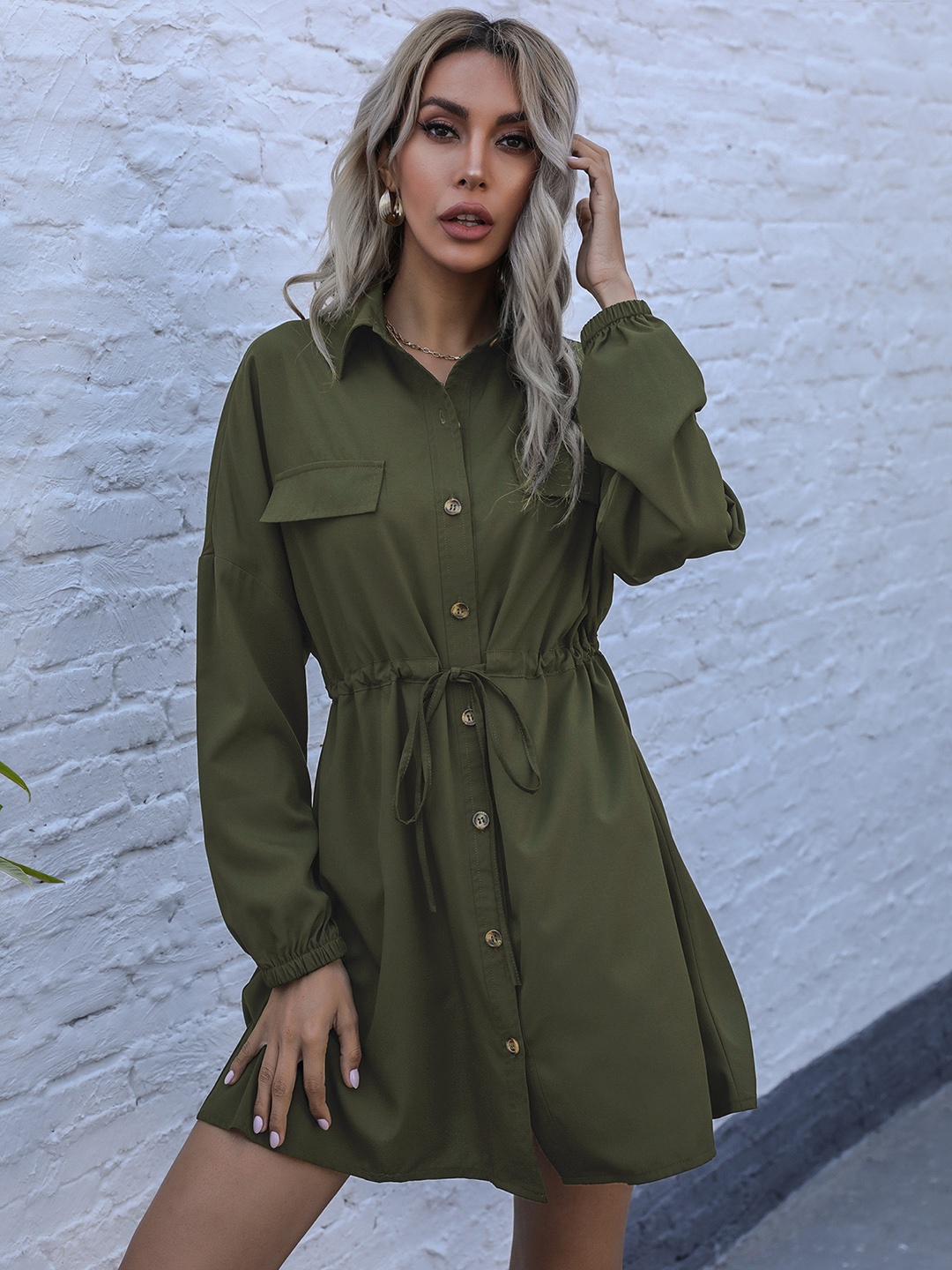 

URBANIC Olive Solid Shirt Dress With Puff Sleeves