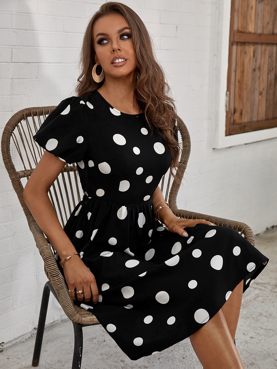 

URBANIC Black & White Polka Dots Cut Out A-Line Dress