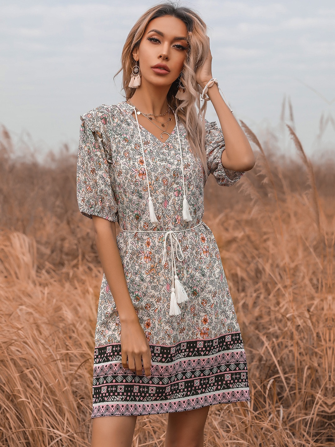 

URBANIC Grey Floral Tie-Up Neck Belted Tunic Dress