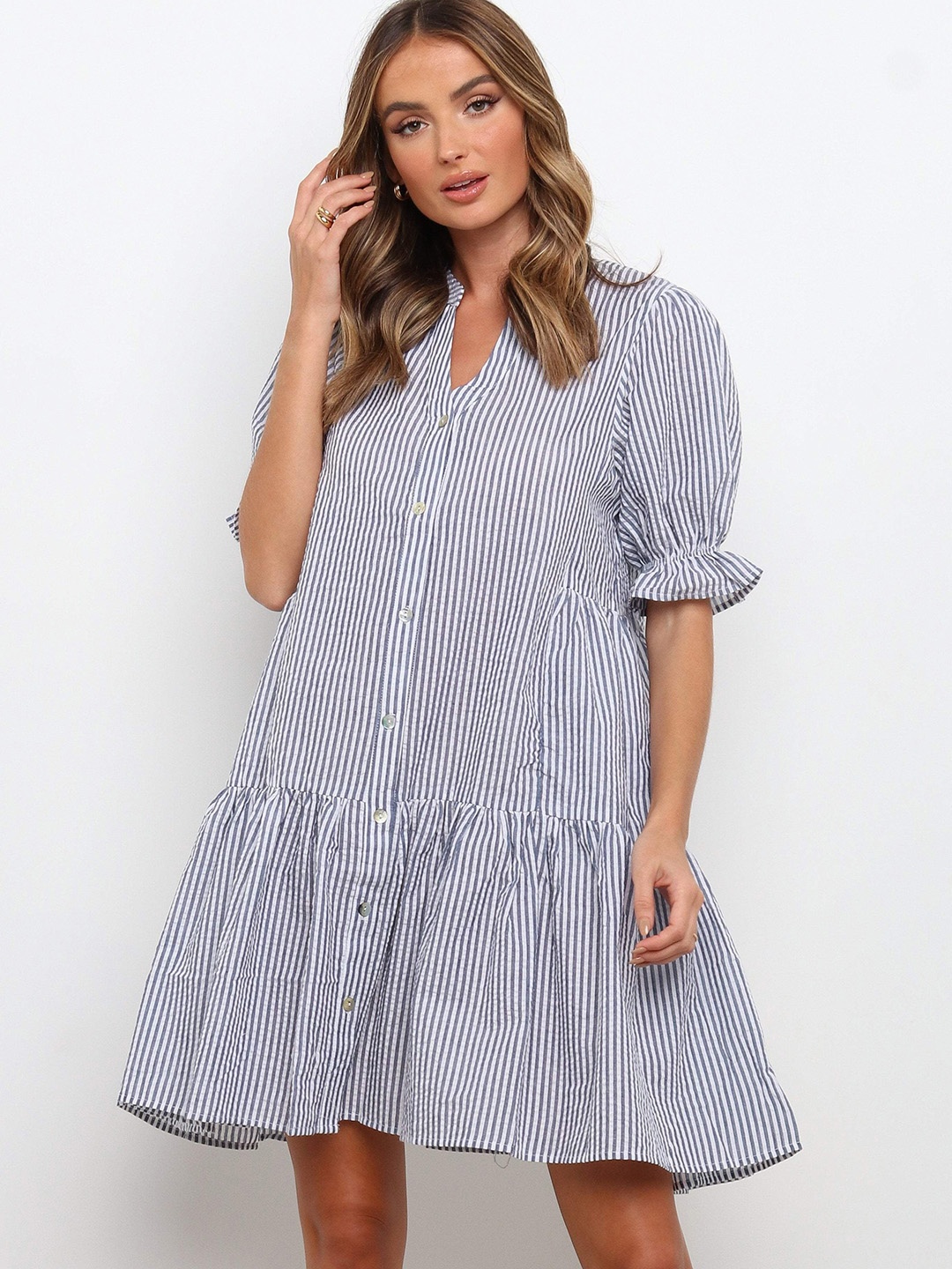 

URBANIC Navy Blue & White Striped Drop-Waist Dress