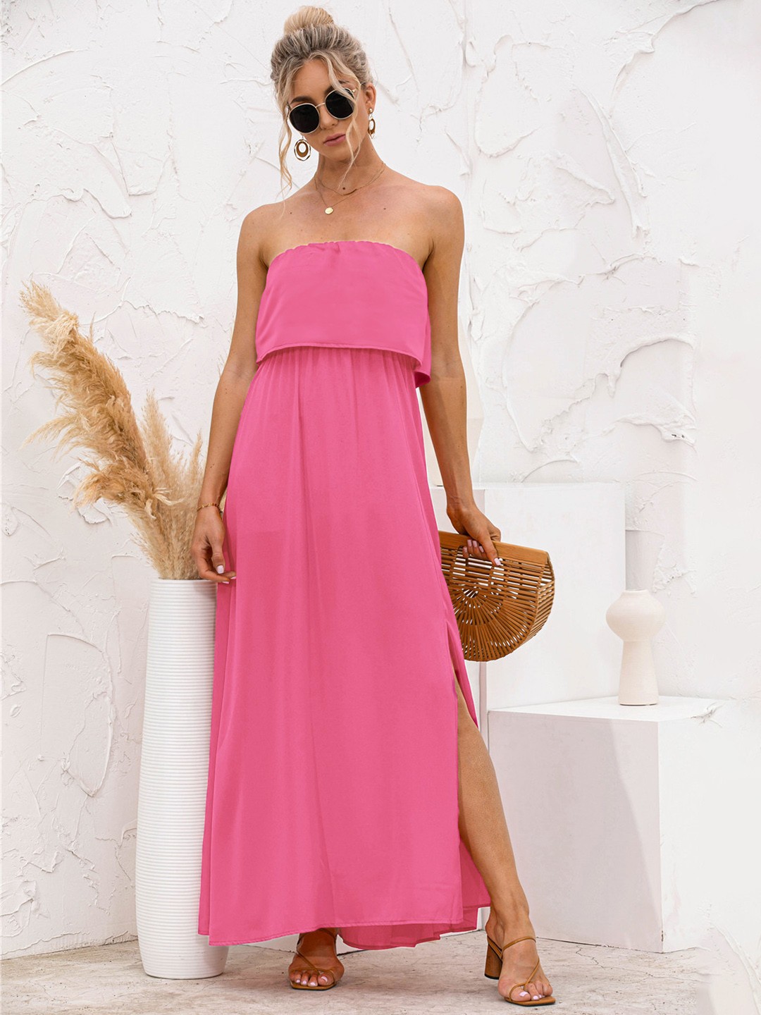 

URBANIC Pink Solid Off-Shoulder Maxi Dress