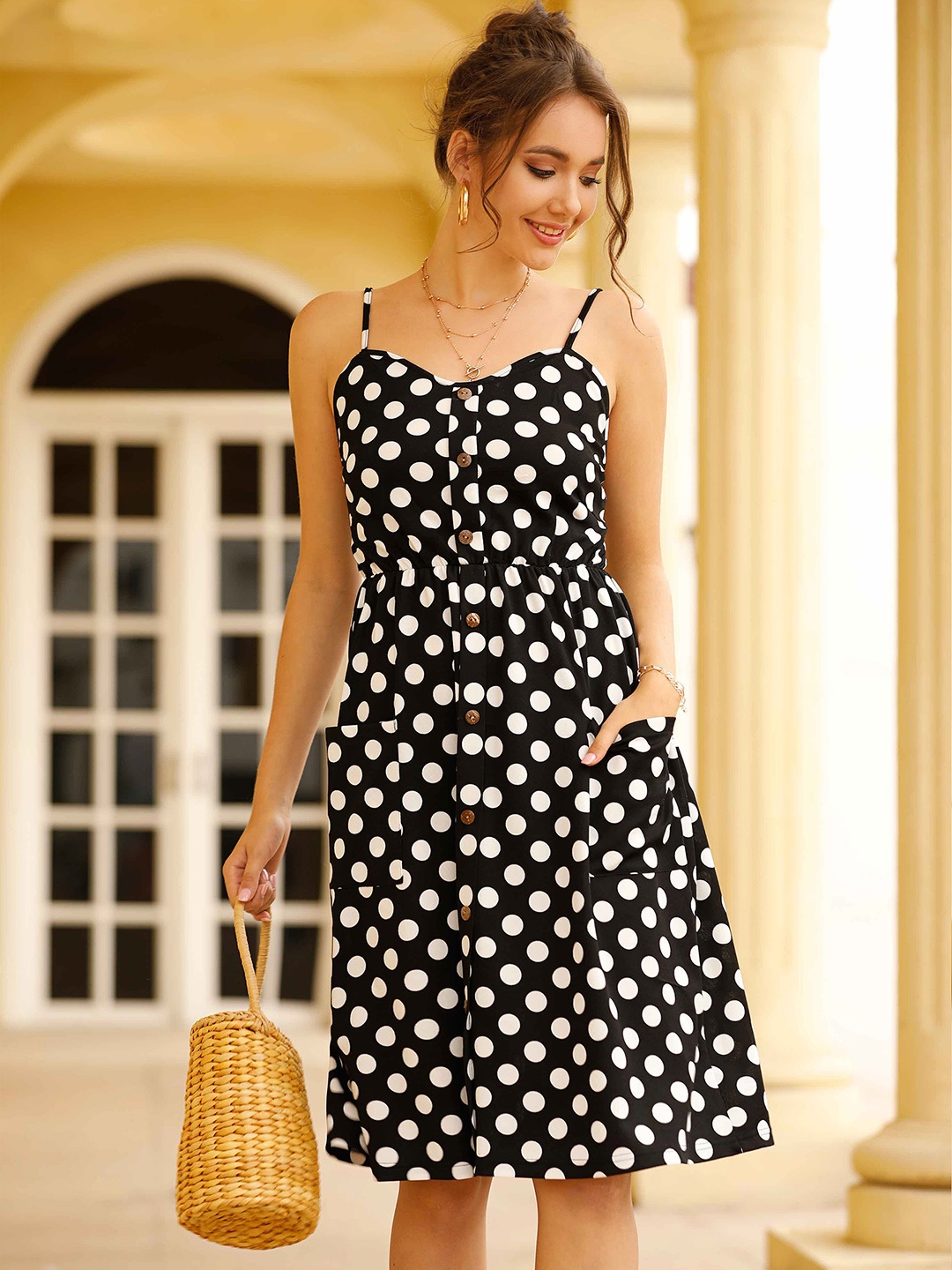 

URBANIC Black & White Polka Dots Pocket Slip Dress