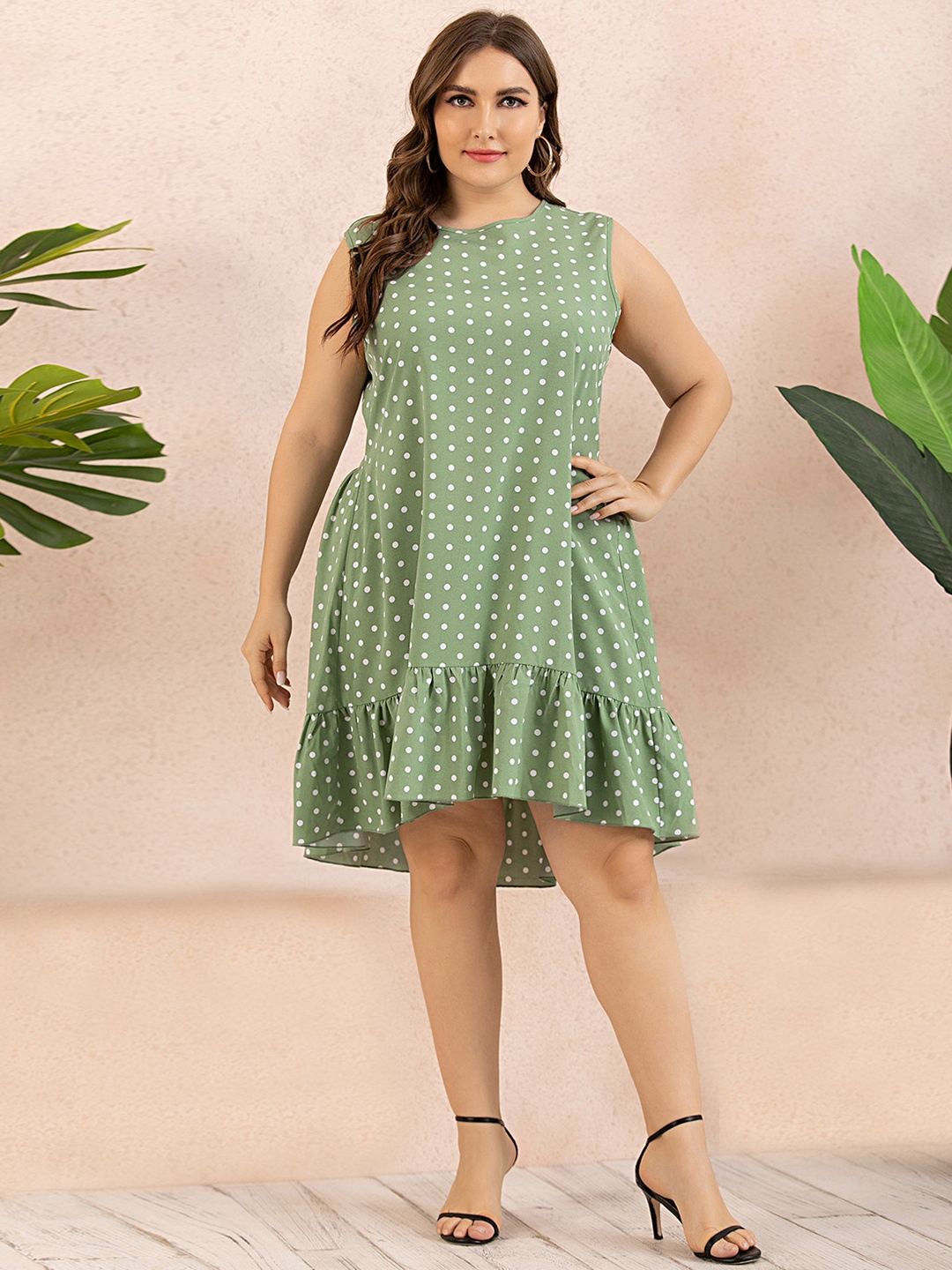 

URBANIC Plus Size Green & White Polka Dots Asymmetrical Tank Dress