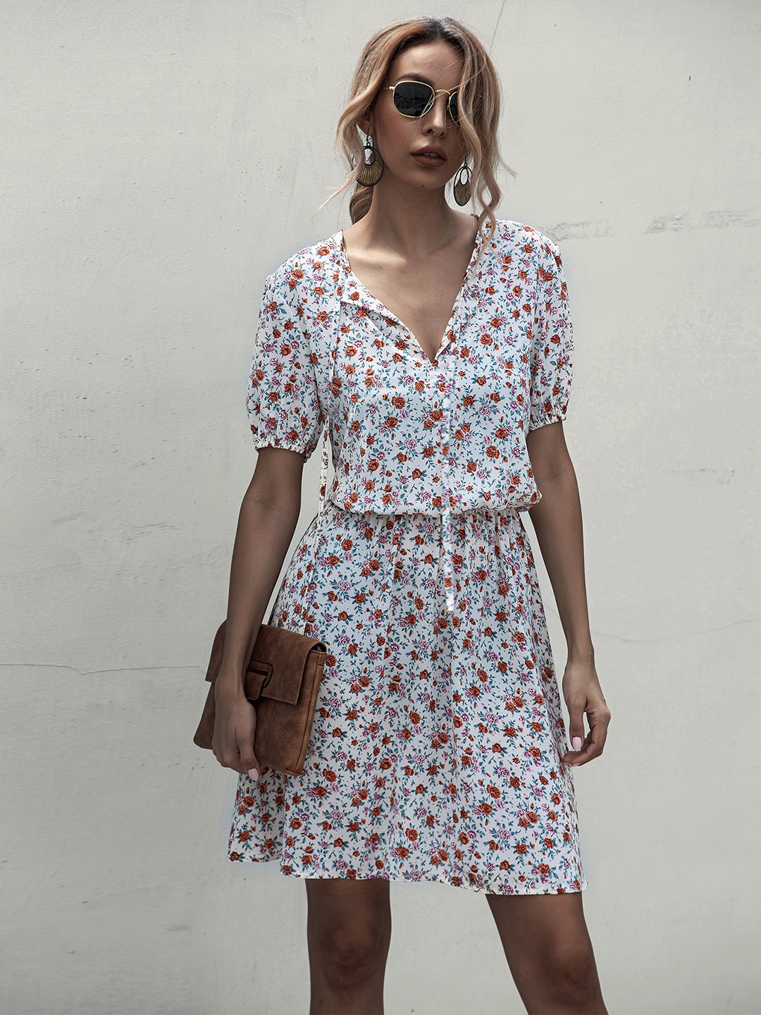 

URBANIC White Floral Tie-Up Neck Ruched A-Line Dress