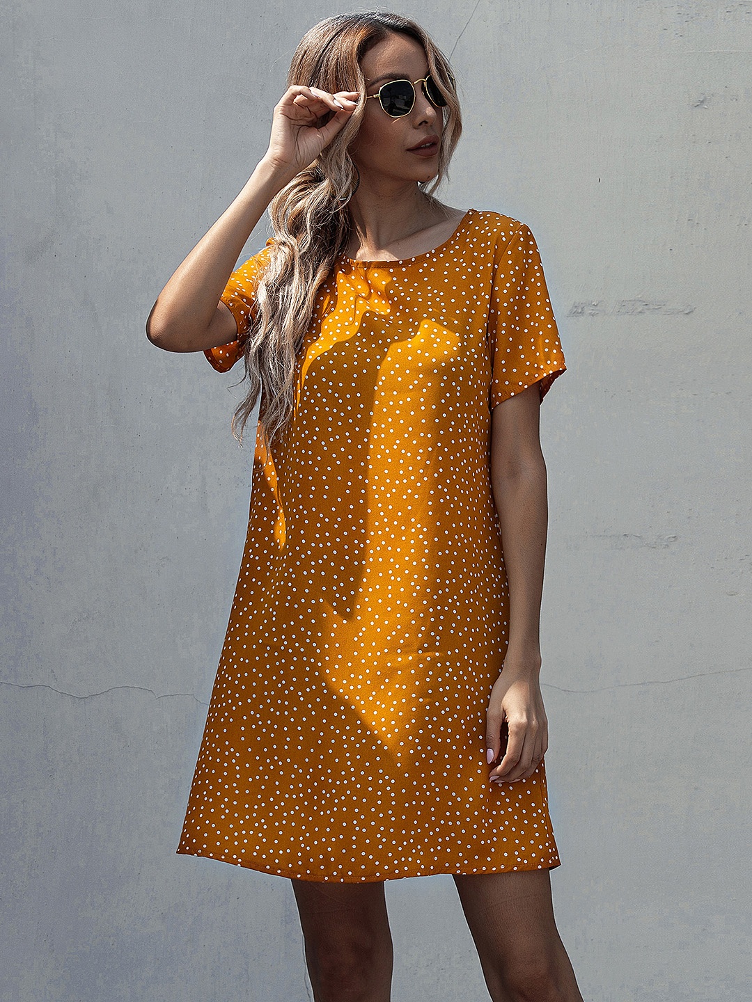 

URBANIC Orange & White Polka Dots A-Line Dress