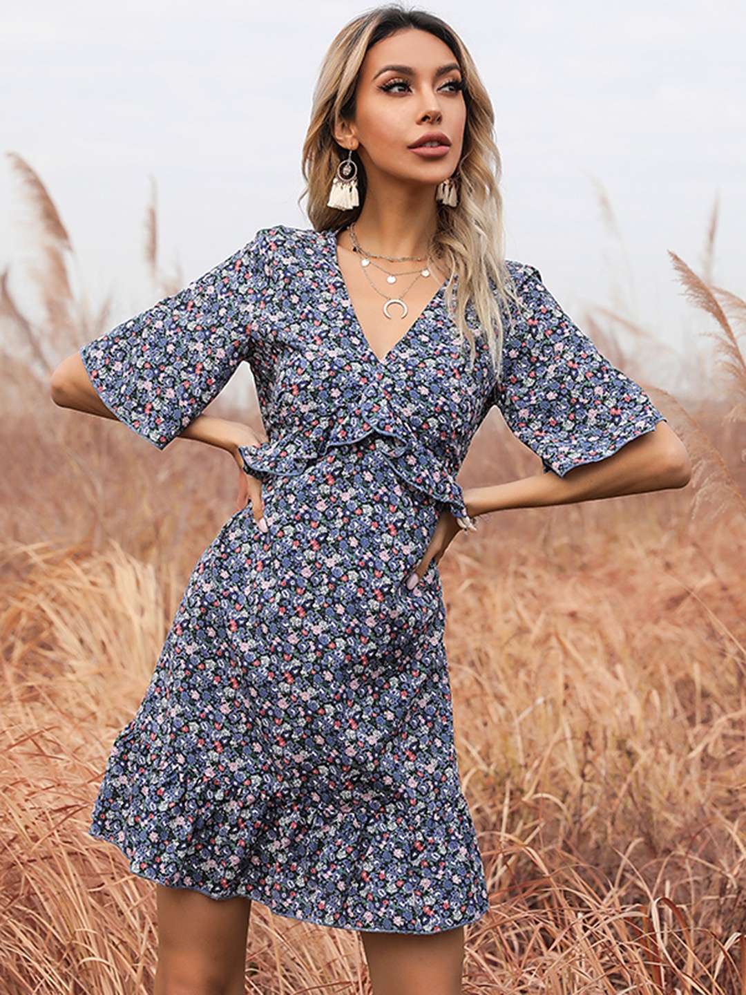 

URBANIC Blue Floral Ruffle A-Line Dress