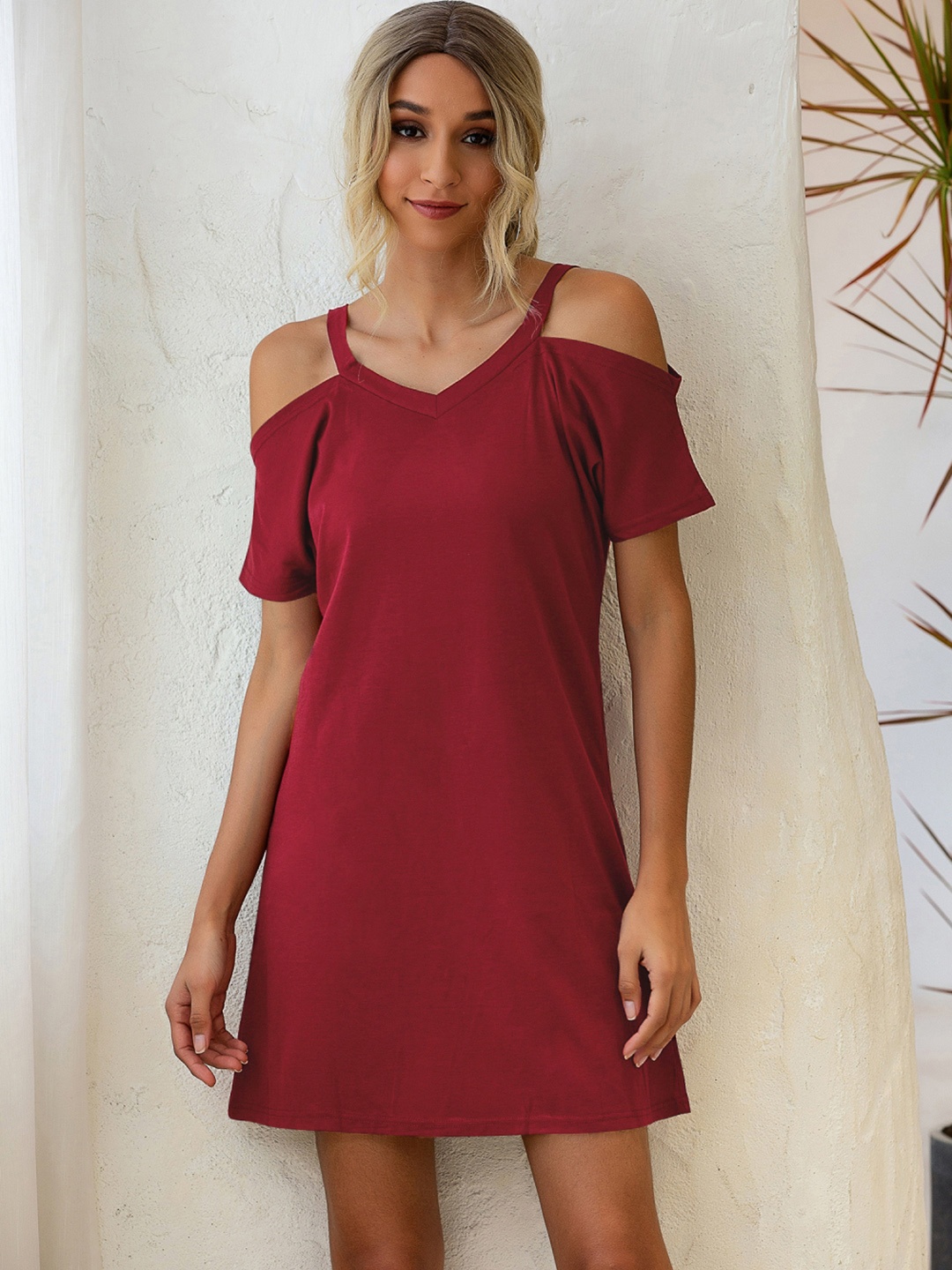 

URBANIC Maroon Cold-Shoulder A-Line Dress