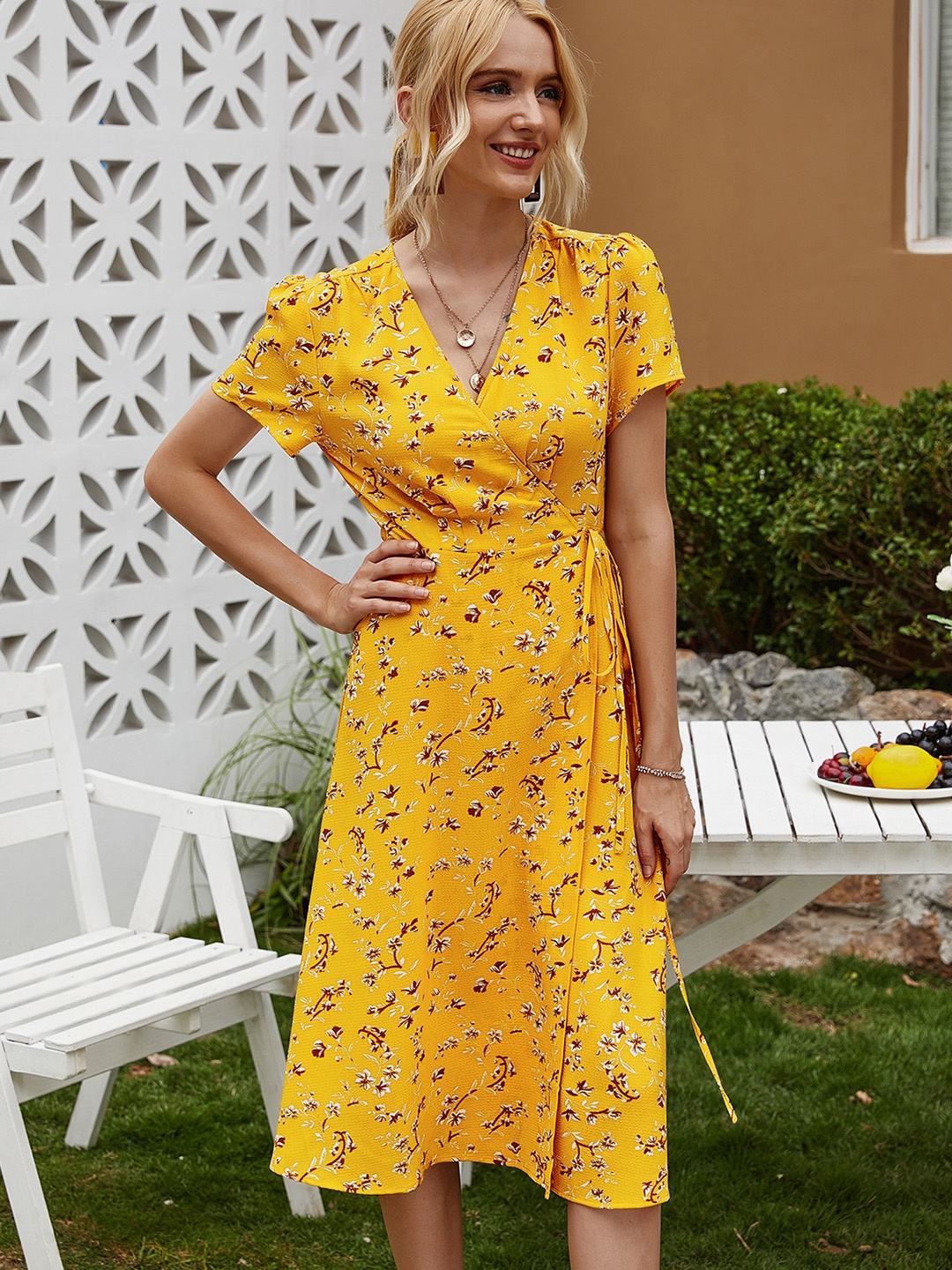 

URBANIC Mustard Yellow & Maroon Floral Print Wrap Midi Dress