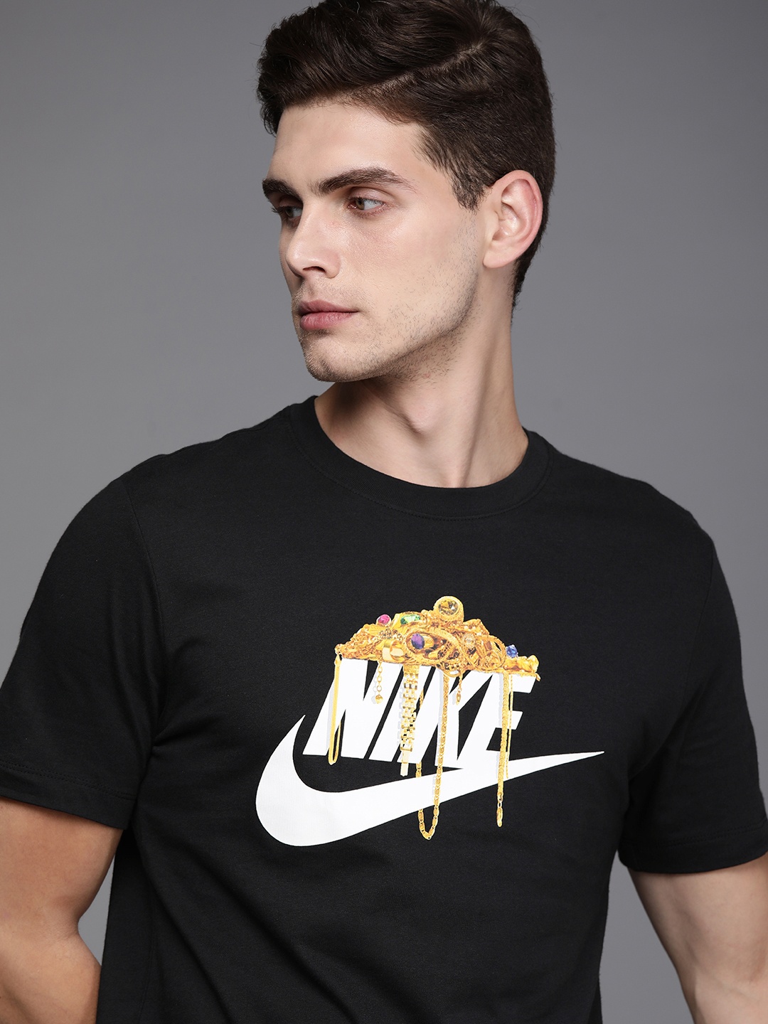 

Nike Men Black Brand Logo SHINE FUTURA Printed Pure Cotton T-shirt