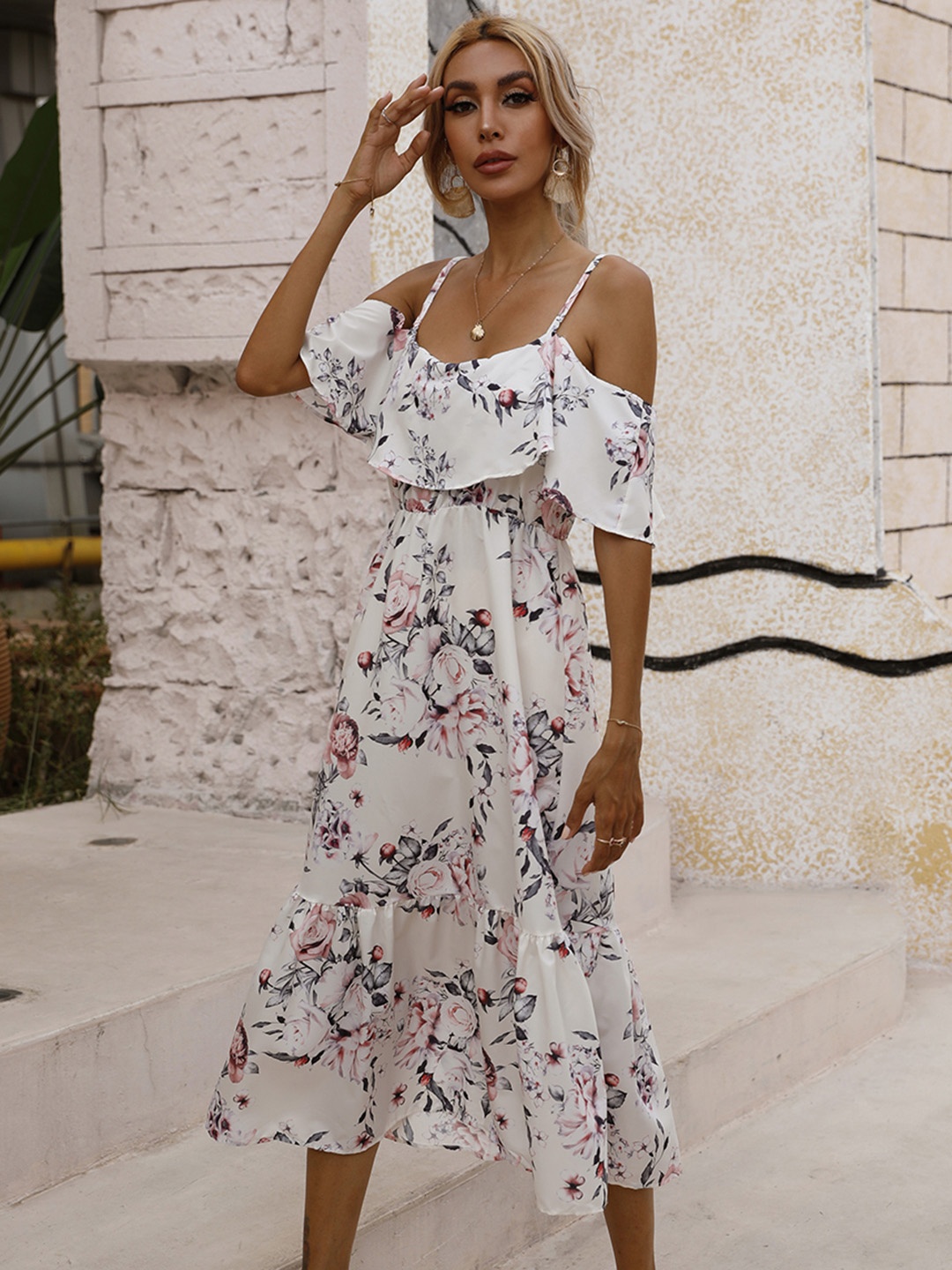 

URBANIC White & Pink Floral Ruffle Dress