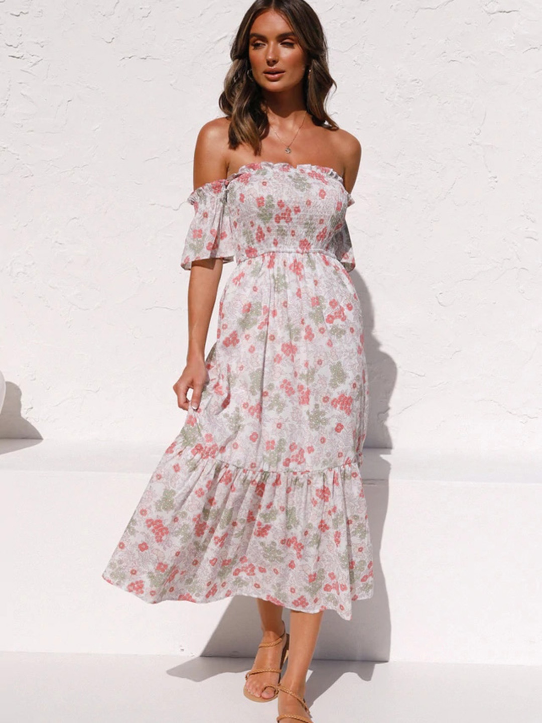 

URBANIC Pink & White Floral Off-Shoulder Midi Dress